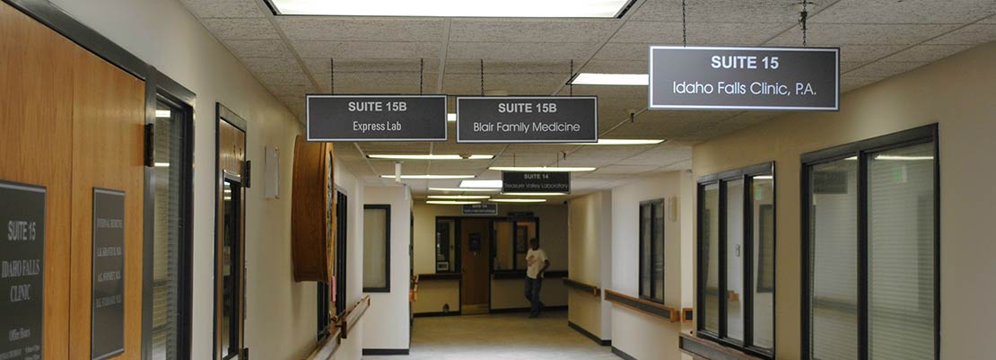 Express Lab medical laboratory draw site hallway photo at the 2001 S. Woodruff location in Idaho Falls.
