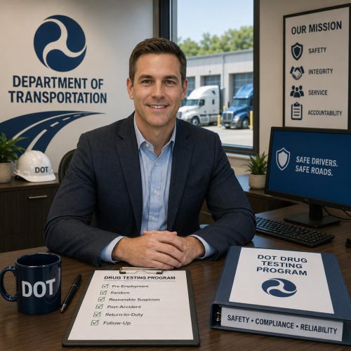A DOT - Department of Transportation representative reviewing his program with drug testing provided by Express Lab