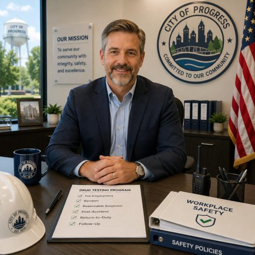 Mayor of a city reviewing his drug testing policy with supplies provided by Express Lab.