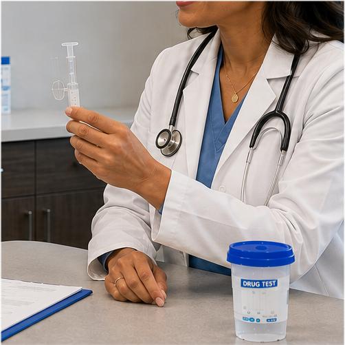 Combined saliva and urine drug test being explained by a doctor to a patient. Combined urine and saliva drug testing programs are available in Boise, Meridian, Caldwell, Pocatello, Rexburg, Idaho Falls and surrounding areas.