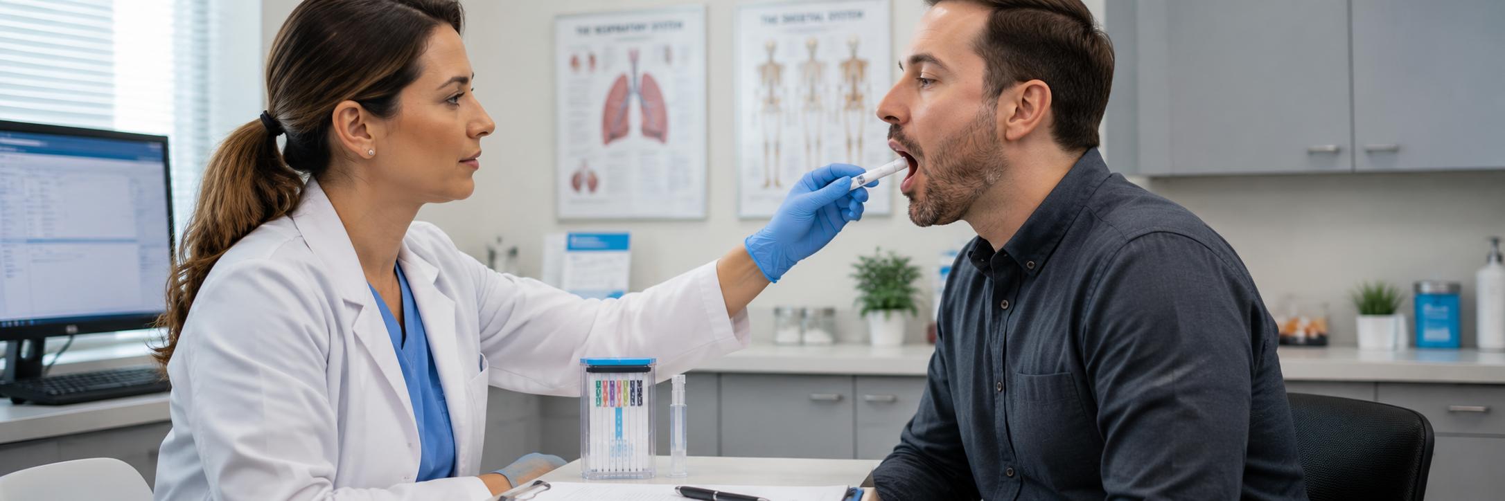 Healthcare provider administering a saliva drug test with a patient. Saliva drug testing kits are available in Boise, Meridian, Nampa, Pocatello, Rexburg, Idaho Falls and surrounding cities.