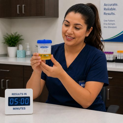 A medical assistant processing the OneStep+ urine drug testing sample. Drug testing available in Boise, Meridian, Nampa, Pocatello, Rexburg and Idaho Falls.