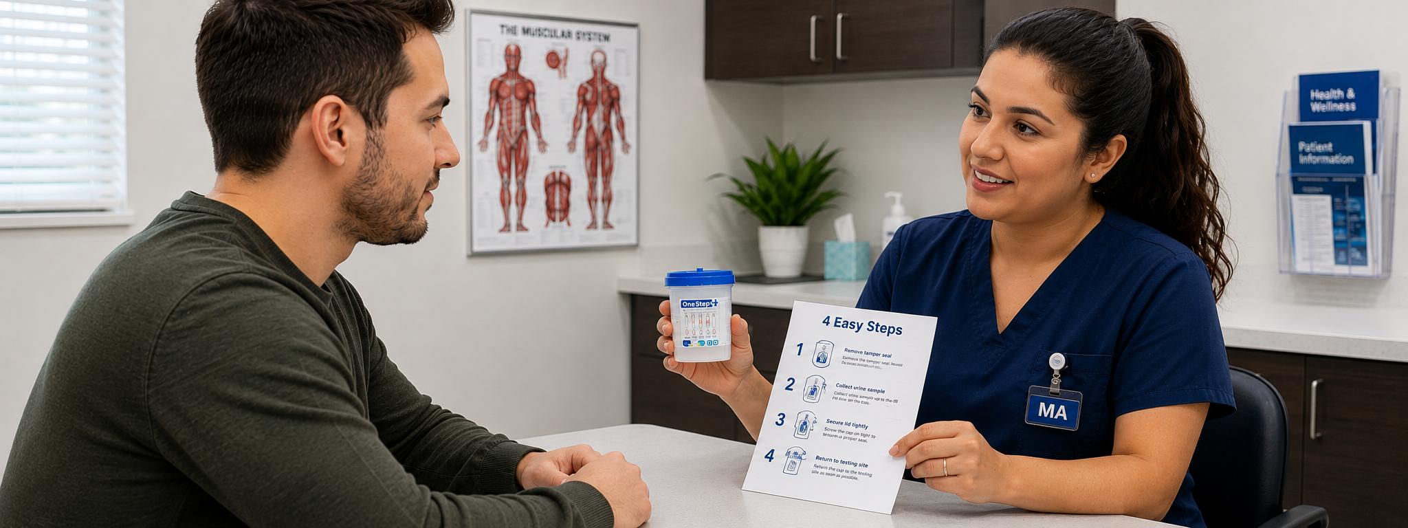 A medical assistant showing a patient the process of the OneStep+ urine drug testing. Available in Boise, Meridian, Nampa, Pocatello, Rexburg and Idaho Falls.