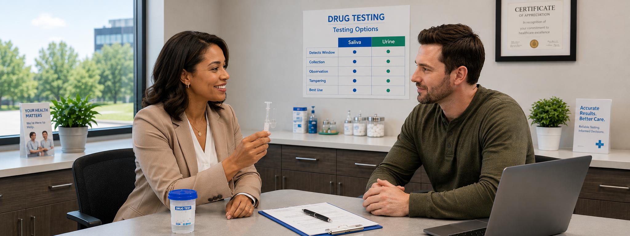 An office manager and employee reviewing urine and saliva drug test. Combined urine and saliva drug testing programs and services are available in Boise, Meridian, Nampa, Pocatello, Rexburg and Idaho Falls.