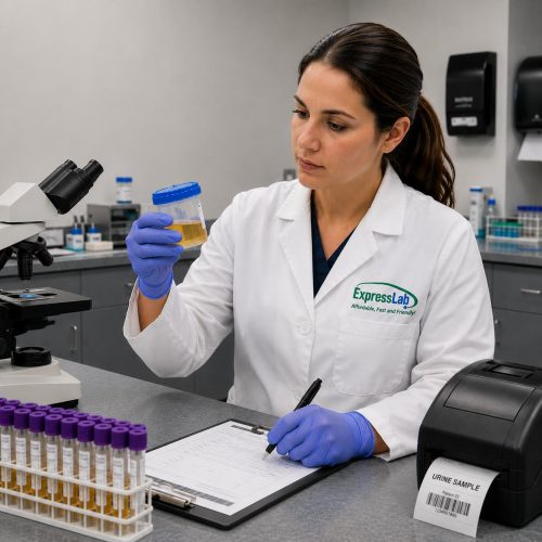 A lab worker processing a urine drug test. Urine drug testing services available in Boise, Meridian, Nampa, Pocatello, Rexburg and Idaho Falls.