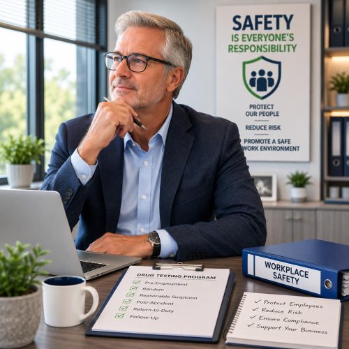 A business owner contemplating his drug testing program with supplies provided by Express Lab.
