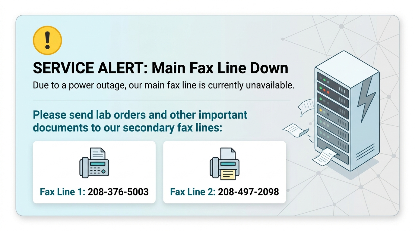 Main fax line down - please use alternate lines